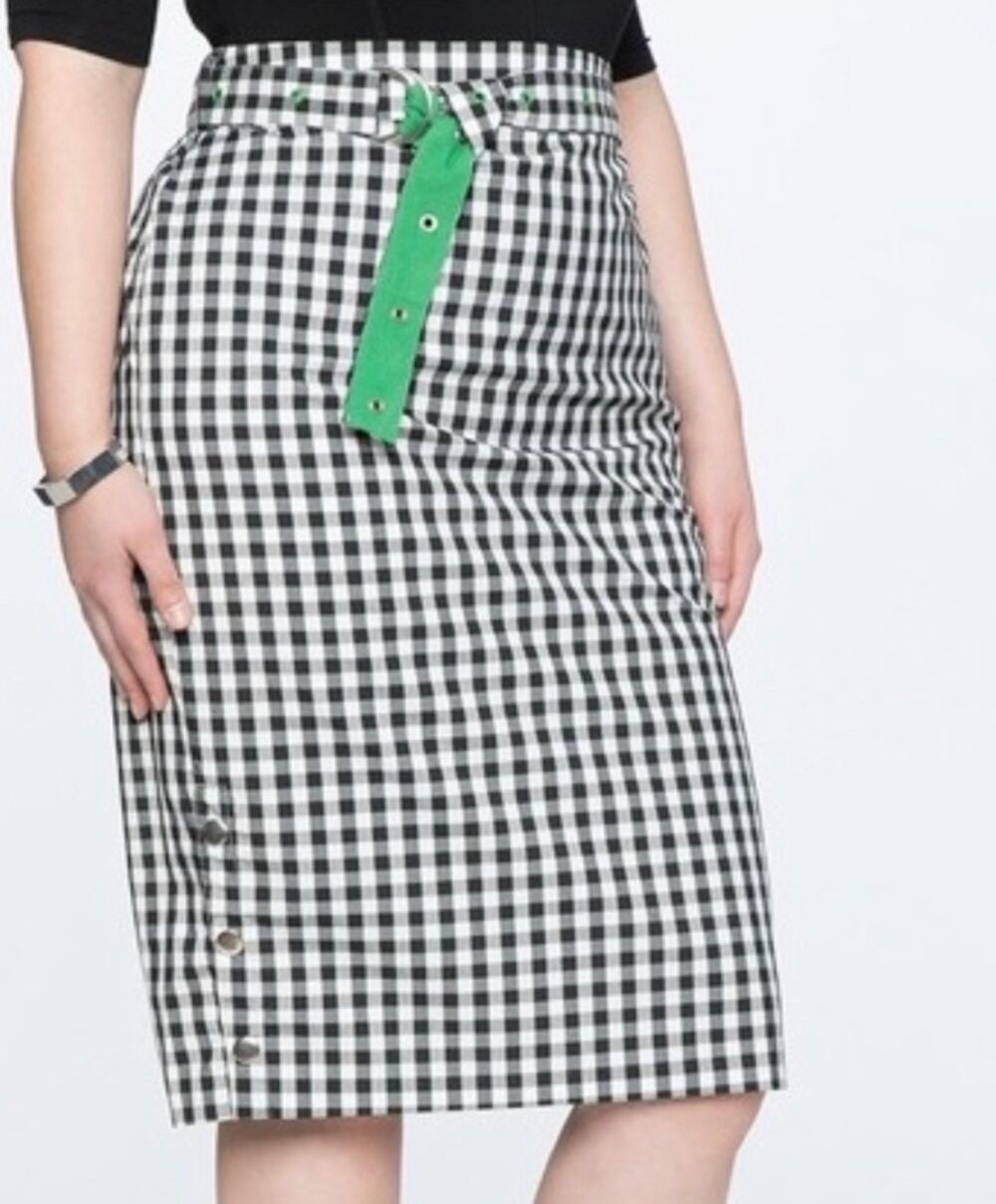 Eloquii Size 22 Black White Gingham Pencil Midi Skirt Belted Side Button Accent